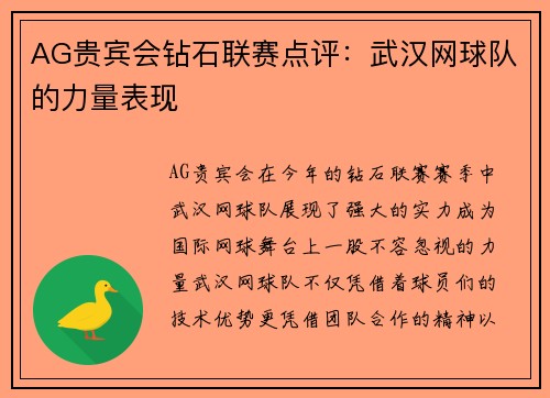 AG贵宾会钻石联赛点评：武汉网球队的力量表现